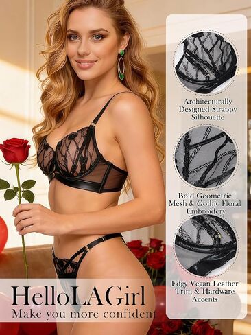 Women's Lingerie Set, Strappy Cage Underwire Bra and Thong with Geometric Floral Embroidery in Kuwait