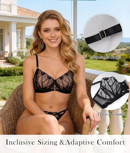 Women's Lingerie Set, Strappy Cage Underwire Bra and Thong with Geometric Floral Embroidery in Kuwait