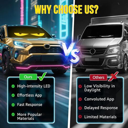 ضوء عيون الشيطان للسيارات - مصابيح LED متحركة لعيون الزجاج الأمامي قابلة للبرمجة للسيارة، لوحة مصفوفة LED خارجية مقاومة للماء مقاس 23 بوصة × 5 بوصة، تحكم عن بعد في التطبيق الذكي لنافذة الشاحنة in Kuwait