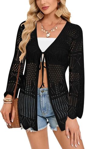 shermie Women's Long Sleeve Kimono Cover Up Tie Front Crochet Cardigan Mesh Knit Beach Coverup in Saudi Arabia