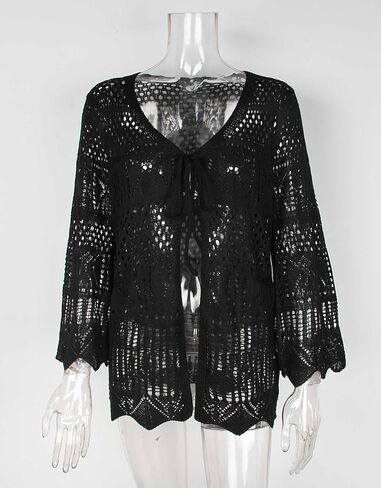 shermie Women's Long Sleeve Kimono Cover Up Tie Front Crochet Cardigan Mesh Knit Beach Coverup in Saudi Arabia