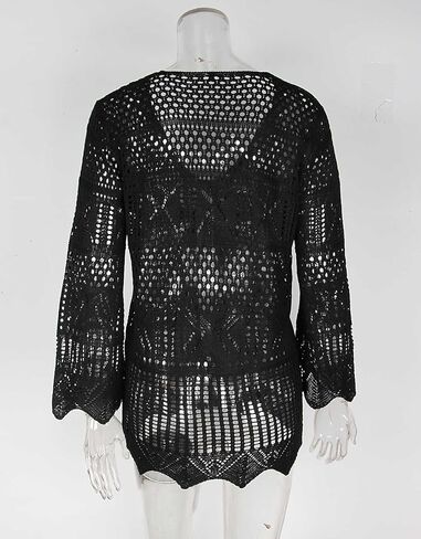 shermie Women's Long Sleeve Kimono Cover Up Tie Front Crochet Cardigan Mesh Knit Beach Coverup in Saudi Arabia