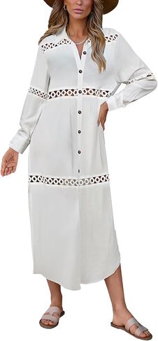 Bsubseach Women's Casual Long Sleeve Hollow Out Lace Button Down Long Kimonos Cardigans Swimsuit Cover Ups Summer Beach Dress in Saudi Arabia