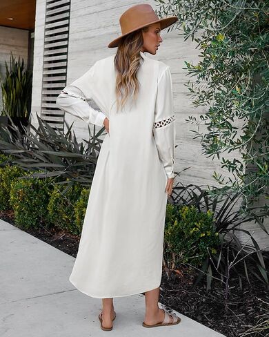 Bsubseach Women's Casual Long Sleeve Hollow Out Lace Button Down Long Kimonos Cardigans Swimsuit Cover Ups Summer Beach Dress in Saudi Arabia