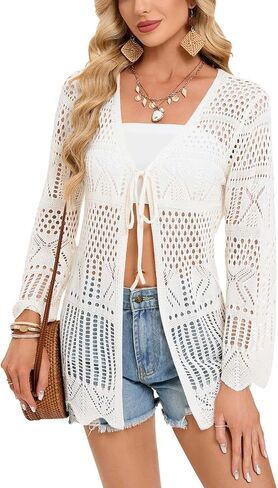 shermie Women's Long Sleeve Kimono Cover Up Tie Front Crochet Cardigan Mesh Knit Beach Coverup in Saudi Arabia