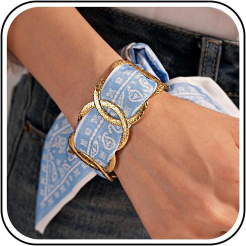 Western Hair Tie Bracelets for Women, Boho Gold Chain & Blue Paisley Scarf Bracelet, Adjustable Hair Tie Bracelets, Vintage Bohemian Western Bracelets for Festival Vacation Gift in Saudi Arabia