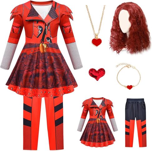 7 Pcs Rise Princess Red Costume for Girls Red Party Dress Outfit Set with Wig in Kuwait