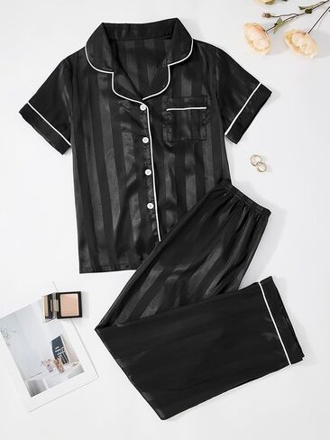 Womens 2Pcs Floral Pajamas Sets Silk Satin Sleepwear Button Down Short Sleeve Shirt Pjs Loungewear in Saudi Arabia