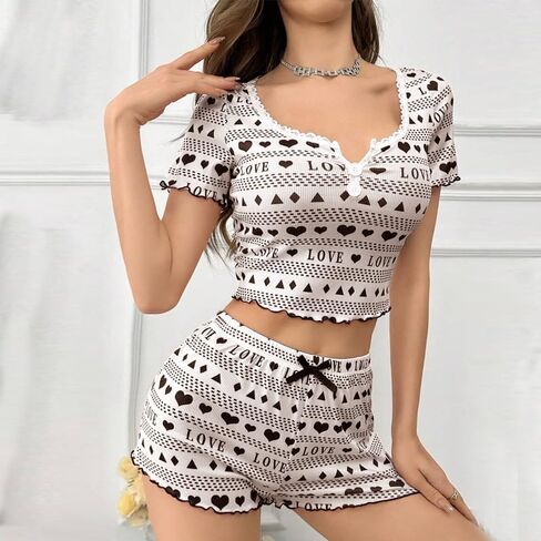 Sexy Lace Pajama Set for Women 2 Piece Knitted Thread Short Sleeve Shorts Pajamas Home Clothes Set in Saudi Arabia