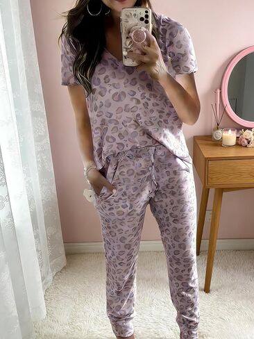 Women’s Leopard 2-Piece Print Pajama, V-neck Short Sleeve Top and Long Pants, Comfortable Loungewear Set for Home Sleep in Saudi Arabia
