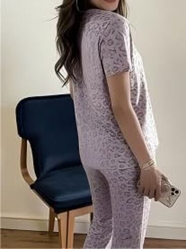 Women’s Leopard 2-Piece Print Pajama, V-neck Short Sleeve Top and Long Pants, Comfortable Loungewear Set for Home Sleep in Saudi Arabia