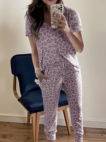 Women’s Leopard 2-Piece Print Pajama, V-neck Short Sleeve Top and Long Pants, Comfortable Loungewear Set for Home Sleep in Saudi Arabia