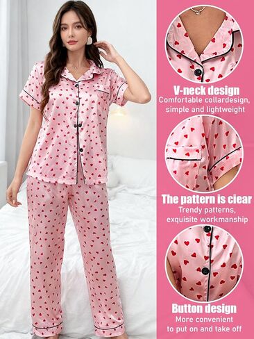 Women's Pajama Set, Short Sleeve Button Down Sleepwear with Heart Print, Two Piece Loungewear for Home in Saudi Arabia