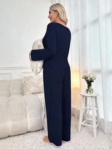 طقم بيجامات نسائي برقبة على شكل حرف V وأكمام طويلة من قطعتين ملابس منزلية مريحة وسروال طويل برباط الخصر in Saudi Arabia