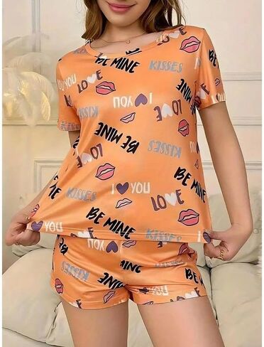 Womens Pajamas Set Short Sleeve 2 Piece Summer Casual Lounge Pjs Shorts Set Printed Round Neck Sleepwear in Saudi Arabia