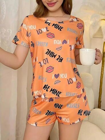 Womens Pajamas Set Short Sleeve 2 Piece Summer Casual Lounge Pjs Shorts Set Printed Round Neck Sleepwear in Saudi Arabia