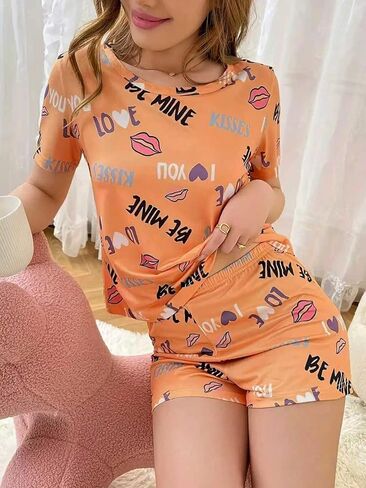 Womens Pajamas Set Short Sleeve 2 Piece Summer Casual Lounge Pjs Shorts Set Printed Round Neck Sleepwear in Saudi Arabia