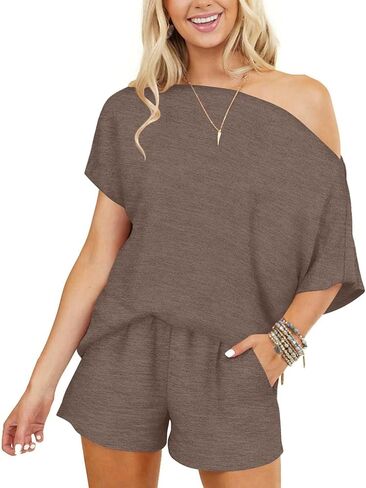 Dressmine 2 Piece Sexy Pjs Lounge Set Womens Pajama Sets Batwing Off Shoulder Top Shorts Summer Sleepwear in Kuwait