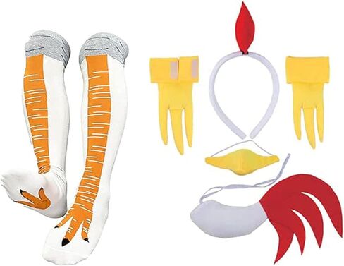 Chicken Costume Set 7PC Chicken Leg Socks White Rooster Chick Headband Tail Beak Nose Mask Farm Halloween Animal Costume Dress up White and Red Rooster Mask Knee Socks Cock Cosplay Props Outfit in Kuwait