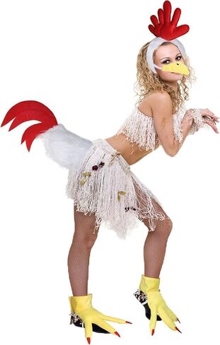 Chicken Costume Set 7PC Chicken Leg Socks White Rooster Chick Headband Tail Beak Nose Mask Farm Halloween Animal Costume Dress up White and Red Rooster Mask Knee Socks Cock Cosplay Props Outfit in Kuwait