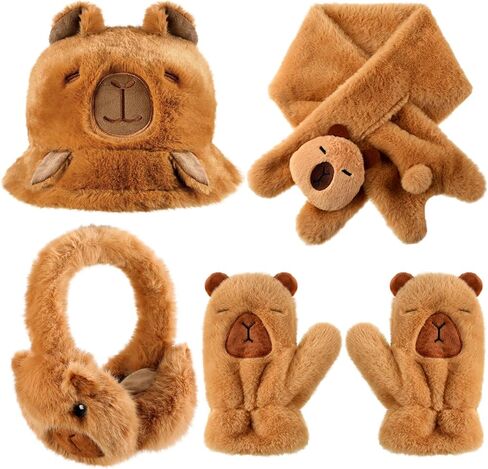 Newcotte 4 Pcs Winter Capybara Hat Earmuffs Scarf and Gloves Set Plush Capybara Winter Warm Set Comfort Cartoon Animal Costume for Women Girls Teens Gift Birthday in Saudi Arabia
