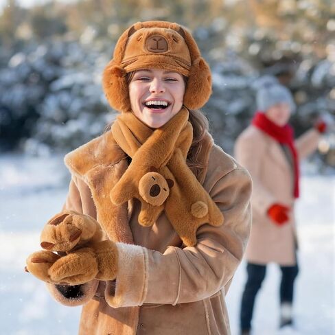 Newcotte 4 Pcs Winter Capybara Hat Earmuffs Scarf and Gloves Set Plush Capybara Winter Warm Set Comfort Cartoon Animal Costume for Women Girls Teens Gift Birthday in Saudi Arabia