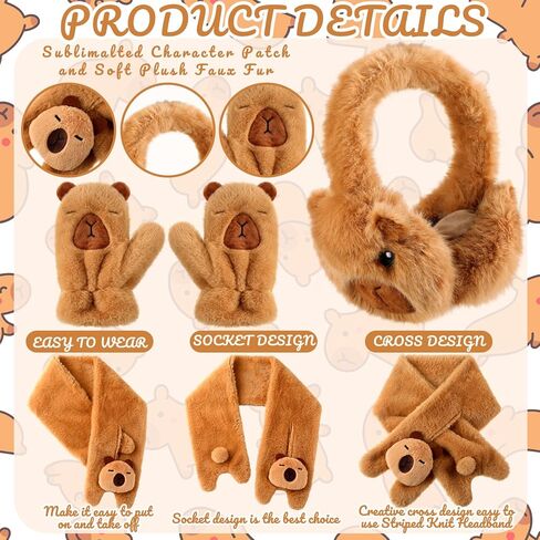 Newcotte 4 Pcs Winter Capybara Hat Earmuffs Scarf and Gloves Set Plush Capybara Winter Warm Set Comfort Cartoon Animal Costume for Women Girls Teens Gift Birthday in Saudi Arabia