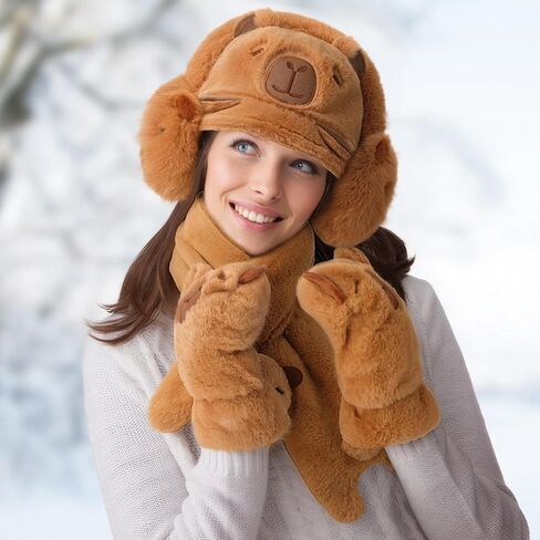 Newcotte 4 Pcs Winter Capybara Hat Earmuffs Scarf and Gloves Set Plush Capybara Winter Warm Set Comfort Cartoon Animal Costume for Women Girls Teens Gift Birthday in Saudi Arabia