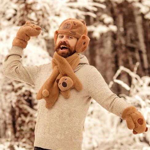Newcotte 4 Pcs Winter Capybara Hat Earmuffs Scarf and Gloves Set Plush Capybara Winter Warm Set Comfort Cartoon Animal Costume for Women Girls Teens Gift Birthday in Saudi Arabia