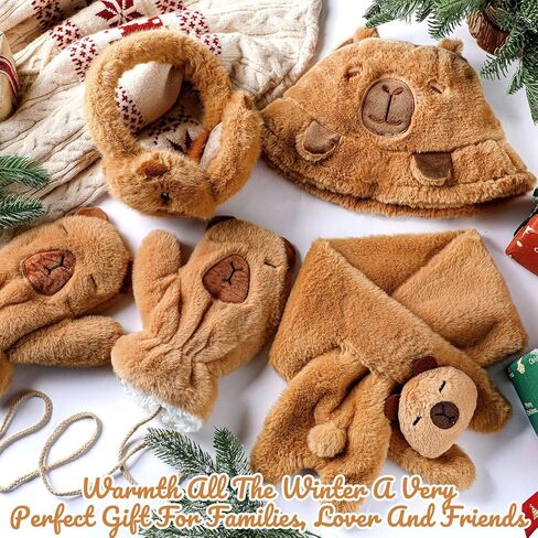 Newcotte 4 Pcs Winter Capybara Hat Earmuffs Scarf and Gloves Set Plush Capybara Winter Warm Set Comfort Cartoon Animal Costume for Women Girls Teens Gift Birthday in Saudi Arabia