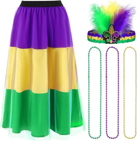 5 Pcs Mardi Gras Costume Accessory Set Skirts Mesh Long Skirt Mardi Gras Feather Headband Beads Necklace in Saudi Arabia