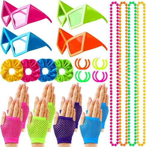 نيوكوت 80s 90s حزب تفضل للنساء، 80s 90s زي الاكسسوارات الهيب هوب موضوع الأقراط نظارات قفازات قلادة الشعر scrunchies، النيون لوازم حفلة عيد ميلاد in Saudi Arabia