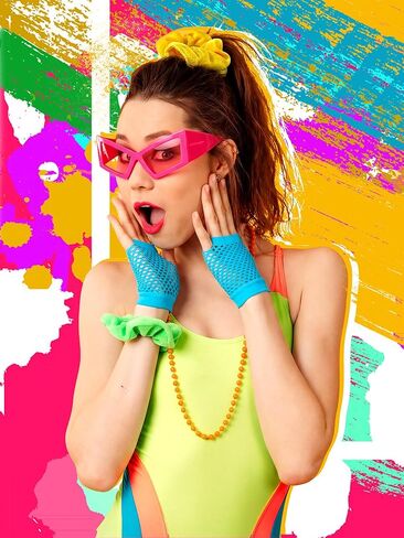 نيوكوت 80s 90s حزب تفضل للنساء، 80s 90s زي الاكسسوارات الهيب هوب موضوع الأقراط نظارات قفازات قلادة الشعر scrunchies، النيون لوازم حفلة عيد ميلاد in Saudi Arabia