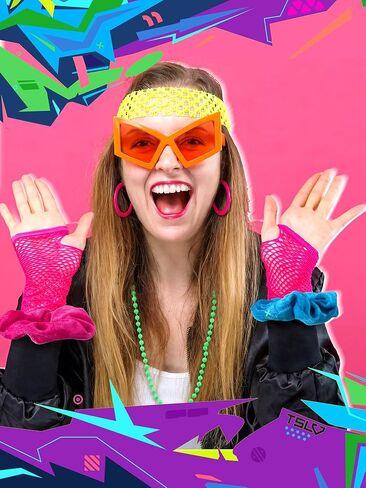 نيوكوت 80s 90s حزب تفضل للنساء، 80s 90s زي الاكسسوارات الهيب هوب موضوع الأقراط نظارات قفازات قلادة الشعر scrunchies، النيون لوازم حفلة عيد ميلاد in Saudi Arabia