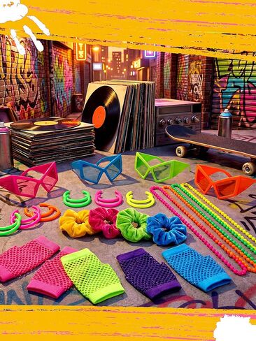 نيوكوت 80s 90s حزب تفضل للنساء، 80s 90s زي الاكسسوارات الهيب هوب موضوع الأقراط نظارات قفازات قلادة الشعر scrunchies، النيون لوازم حفلة عيد ميلاد in Saudi Arabia
