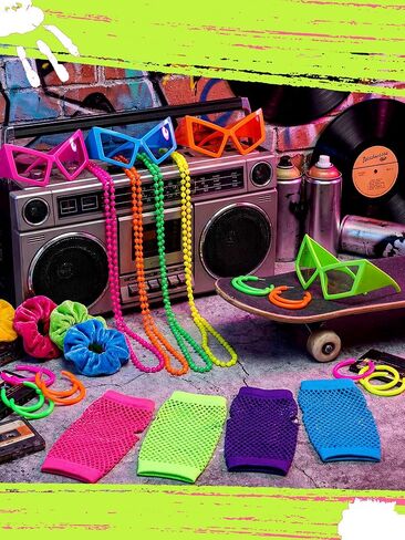نيوكوت 80s 90s حزب تفضل للنساء، 80s 90s زي الاكسسوارات الهيب هوب موضوع الأقراط نظارات قفازات قلادة الشعر scrunchies، النيون لوازم حفلة عيد ميلاد in Saudi Arabia