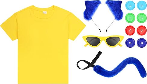 12 Pcs Blue Cat Costume Set Cat T Shirt Ear Headband Tail Glasses Button Read Book Day Character Dress up Outfit in Kuwait