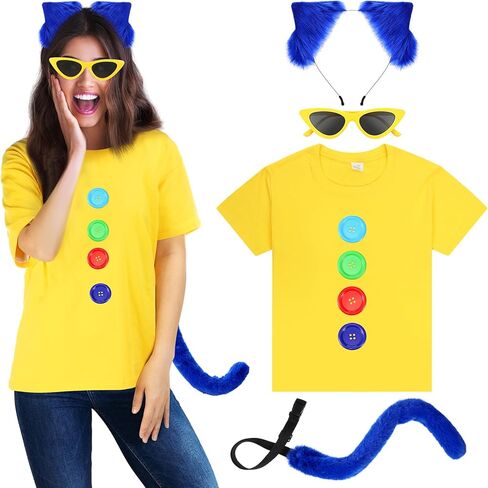 12 Pcs Blue Cat Costume Set Cat T Shirt Ear Headband Tail Glasses Button Read Book Day Character Dress up Outfit in Kuwait