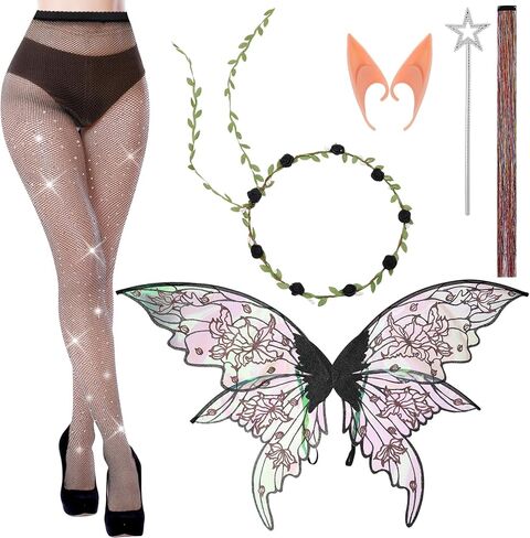JATEBI 6Pcs Fairy Wings Costume Set for Adults with Butterfly Wings Floral Garland Elf Ears Fairy Hair Tinsel Wand Shiny Stockings for Women Halloween Theme Parties in Saudi Arabia