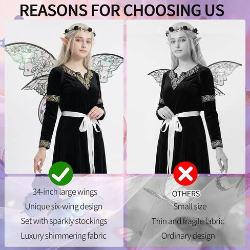 JATEBI 6Pcs Fairy Wings Costume Set for Adults with Butterfly Wings Floral Garland Elf Ears Fairy Hair Tinsel Wand Shiny Stockings for Women Halloween Theme Parties in Saudi Arabia