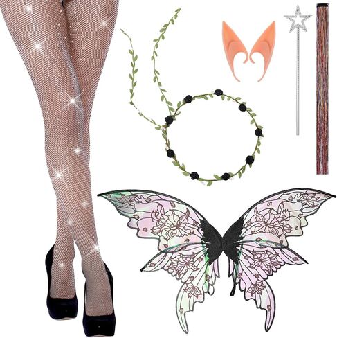 JATEBI 6Pcs Fairy Wings Costume Set for Adults with Butterfly Wings Floral Garland Elf Ears Fairy Hair Tinsel Wand Shiny Stockings for Women Halloween Theme Parties in Saudi Arabia