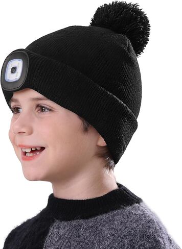 MELASA Hat with Light for Kids, Boys Girls Headlamp Beanie Winter Hat with Pom-Pom, Christmas Stocking Cap Stuffers Gifts in Kuwait