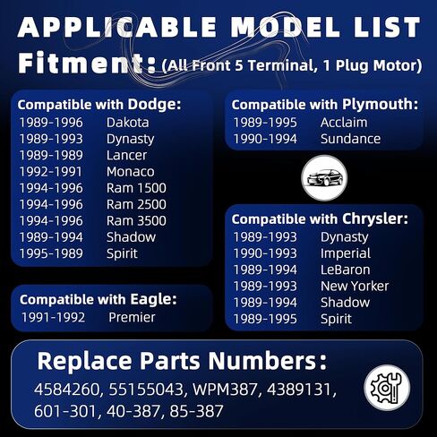 Front Windshield Wiper Motor 55155043 Compatible with Dodge Ram 1500 2500 3500 1994-1996, Dakota Dynasty, Chrysler Shadow Spirit, Plymouth Acclaim Replace OE WPM387 4584260 4389131 in Kuwait