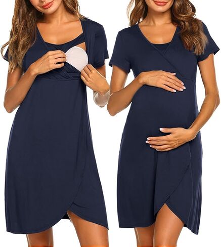 Nursing Nightgown Short Sleeve Breasfeeding Birthing Gown Maternity Dress | Nursing Nightgown for Women, Short Sleeve Nursing Gown Design for Beastfeeding Access and Hospital Stay Postpartum Recovery in Saudi Arabia