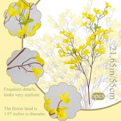 6 Pcs Artificial Forsythia Branches Silk Yellow Flowers Faux Forsythia Branches Fake Spring Flowers Stems for Decoration Indoor Outdoor Wedding Home Yard Cemetery Dining Table Vase Party in Saudi Arabia