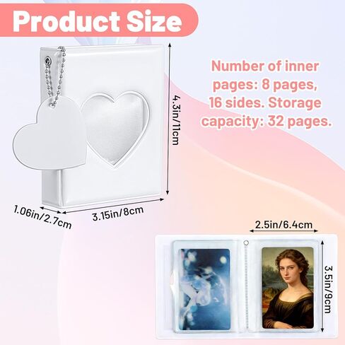 Mini Heart Photocard Holder Book,3 Inch Photo Card Binder,Portable Mini Cards Binder with Love Heart Pendant,32 Pockets(White, 32 Pages) in Saudi Arabia