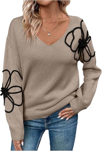 Verdusa Women's Floral Embroidery Pullover Sweaters Streetwear Drop Shoulder Knit Tops in Saudi Arabia