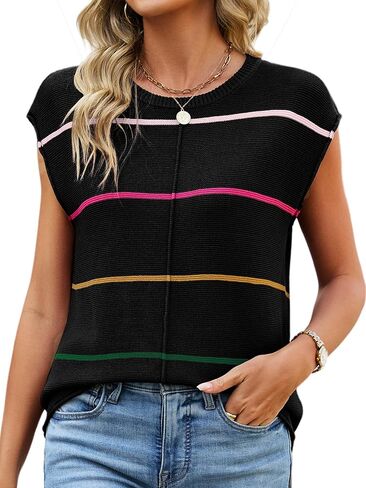 Womens Cap Sleeve Summer Tops Striped Sweater Vest Lightweight Casual Crewneck Loose Knit Pullover Tank Top in Saudi Arabia