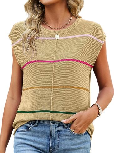 Womens Cap Sleeve Summer Tops Striped Sweater Vest Lightweight Casual Crewneck Loose Knit Pullover Tank Top in Saudi Arabia