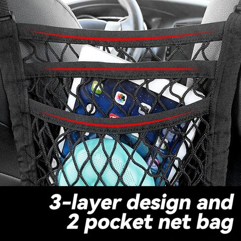 حقيبة شبكية لتنظيم المقعد الخلفي للسيارة مكونة من 3 طبقات، حامل محفظة السيارة لإكسسوارات السيارة، حامل محفظة مناديل البضائع حاجز المقعد الخلفي للحيوانات الأليفة للأطفال في السيارة/سيارات الدفع الرباعي/الشاحنة (أسود) in Kuwait
